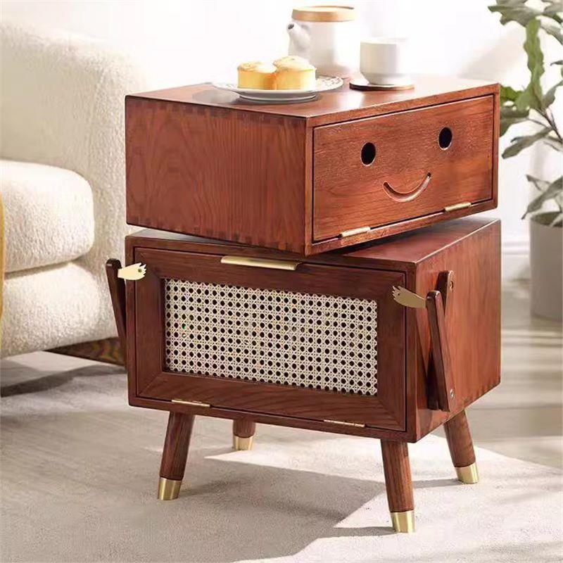 Modern Art Deco Ash Wood Rattan Stainless Steel Robot-Shaped Nightstand 2-Storage For Bedroom