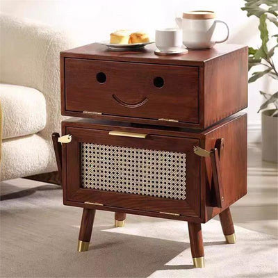 Modern Art Deco Ash Wood Rattan Stainless Steel Robot-Shaped Nightstand 2-Storage For Bedroom