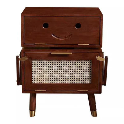 Modern Art Deco Ash Wood Rattan Stainless Steel Robot-Shaped Nightstand 2-Storage For Bedroom