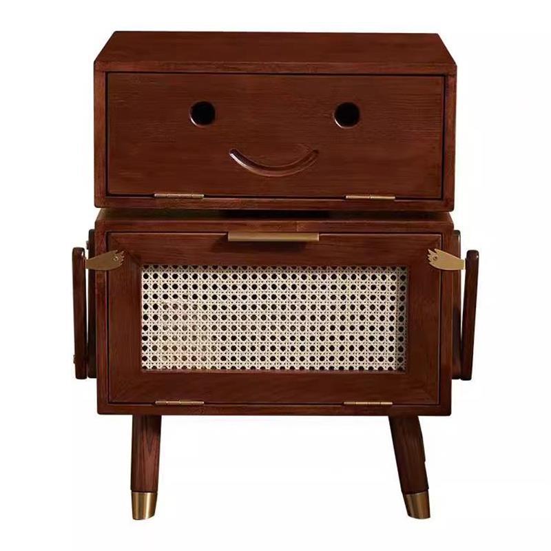 Modern Art Deco Ash Wood Rattan Stainless Steel Robot-Shaped Nightstand 2-Storage For Bedroom