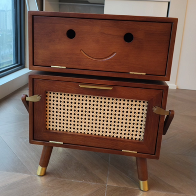 Modern Art Deco Ash Wood Rattan Stainless Steel Robot-Shaped Nightstand 2-Storage For Bedroom