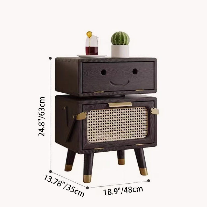 Modern Art Deco Ash Wood Rattan Stainless Steel Robot-Shaped Nightstand 2-Storage For Bedroom