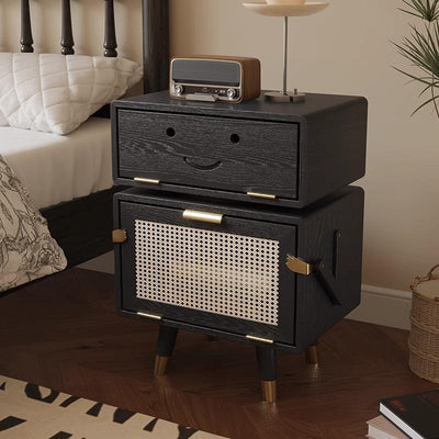 Modern Art Deco Ash Wood Rattan Stainless Steel Robot-Shaped Nightstand 2-Storage For Bedroom