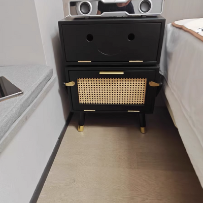 Modern Art Deco Ash Wood Rattan Stainless Steel Robot-Shaped Nightstand 2-Storage For Bedroom