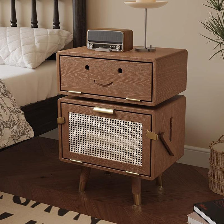 Table de chevet en forme de robot, style Art déco moderne, en frêne, rotin et acier inoxydable, avec 2 espaces de rangement, pour chambre à coucher 