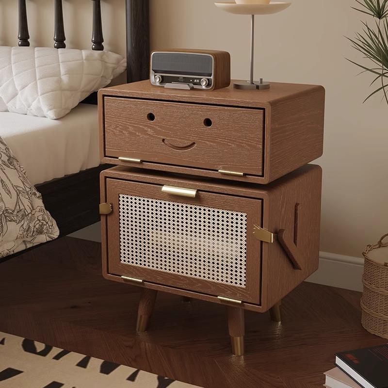 Modern Art Deco Ash Wood Rattan Stainless Steel Robot-Shaped Nightstand 2-Storage For Bedroom