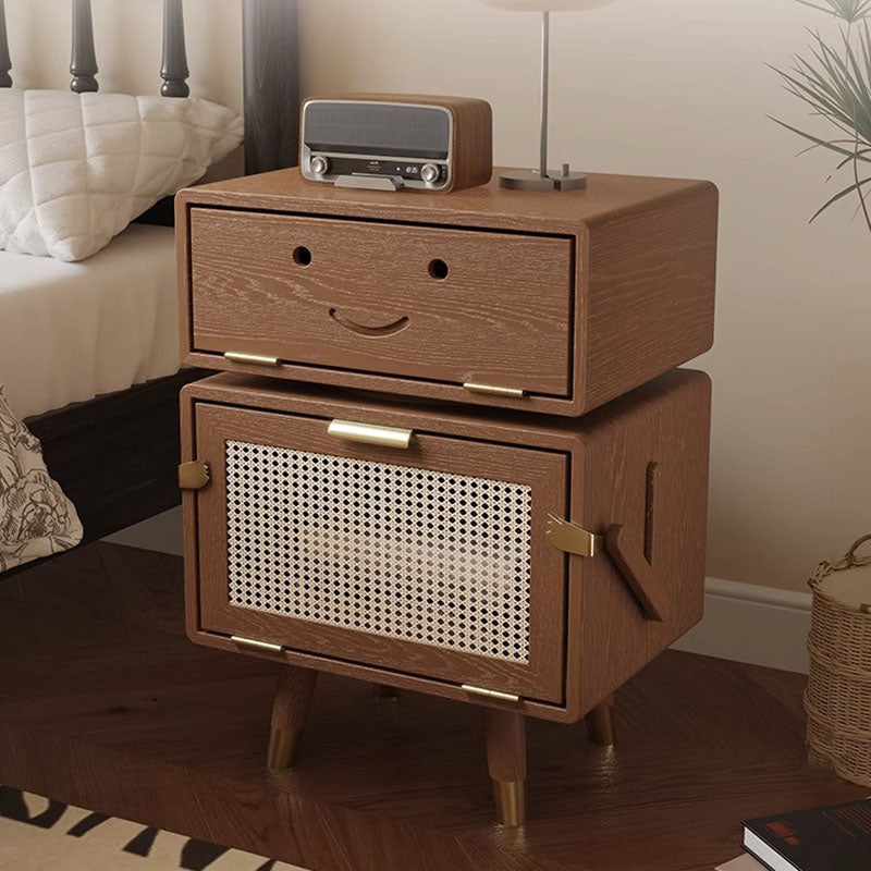 Modern Art Deco Ash Wood Rattan Stainless Steel Robot-Shaped Nightstand 2-Storage For Bedroom