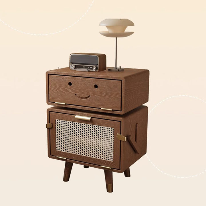 Table de chevet en forme de robot, style Art déco moderne, en frêne, rotin et acier inoxydable, avec 2 espaces de rangement, pour chambre à coucher 