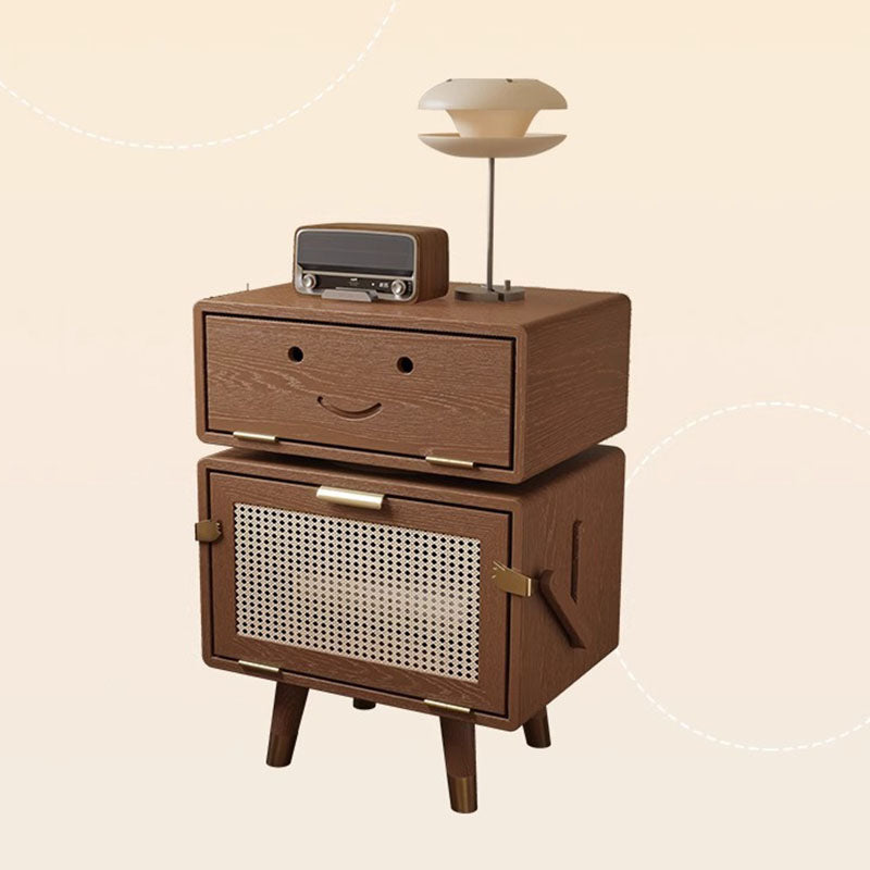 Modern Art Deco Ash Wood Rattan Stainless Steel Robot-Shaped Nightstand 2-Storage For Bedroom