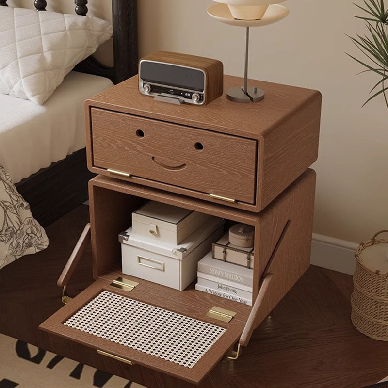 Modern Art Deco Ash Wood Rattan Stainless Steel Robot-Shaped Nightstand 2-Storage For Bedroom