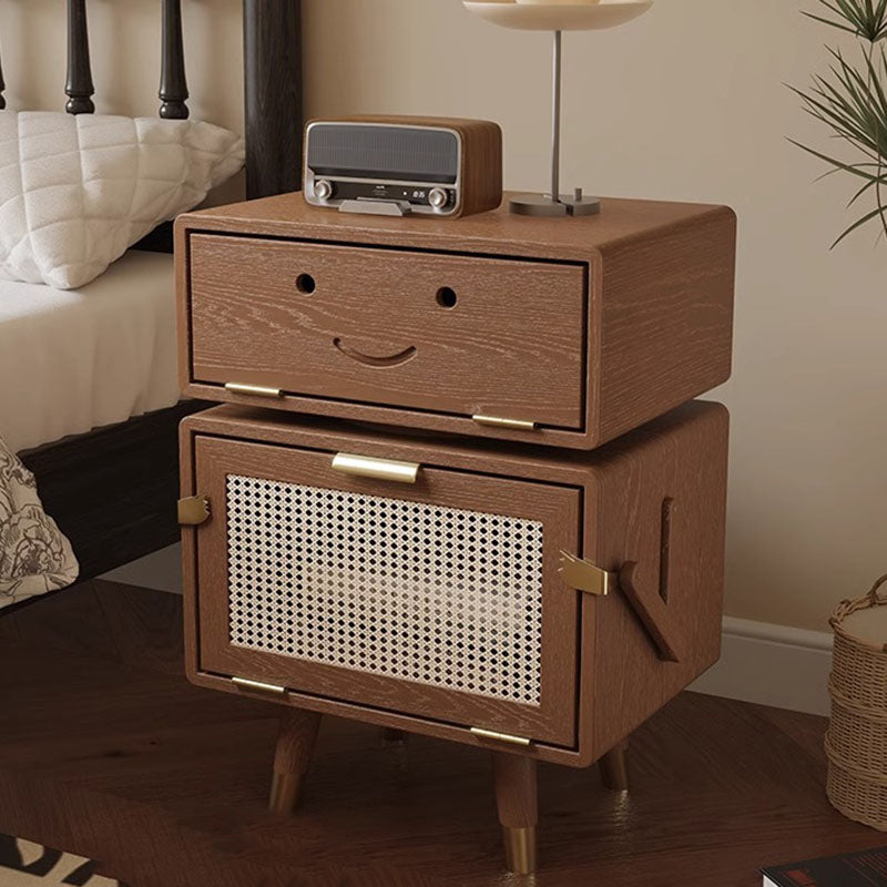 Modern Art Deco Ash Wood Rattan Stainless Steel Robot-Shaped Nightstand 2-Storage For Bedroom