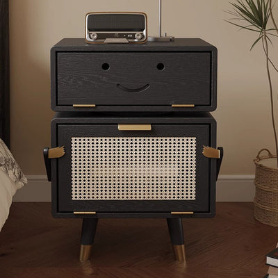 Modern Art Deco Ash Wood Rattan Stainless Steel Robot-Shaped Nightstand 2-Storage For Bedroom