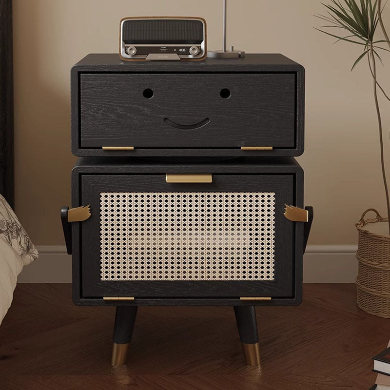 Modern Art Deco Ash Wood Rattan Stainless Steel Robot-Shaped Nightstand 2-Storage For Bedroom