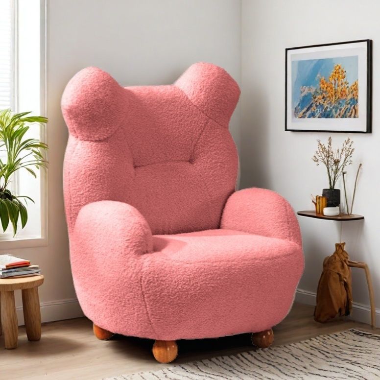 Modern Art Deco Lambswool Solid Wood Bear-Shaped Accent Chair With Armrests & Backrest For Living Room