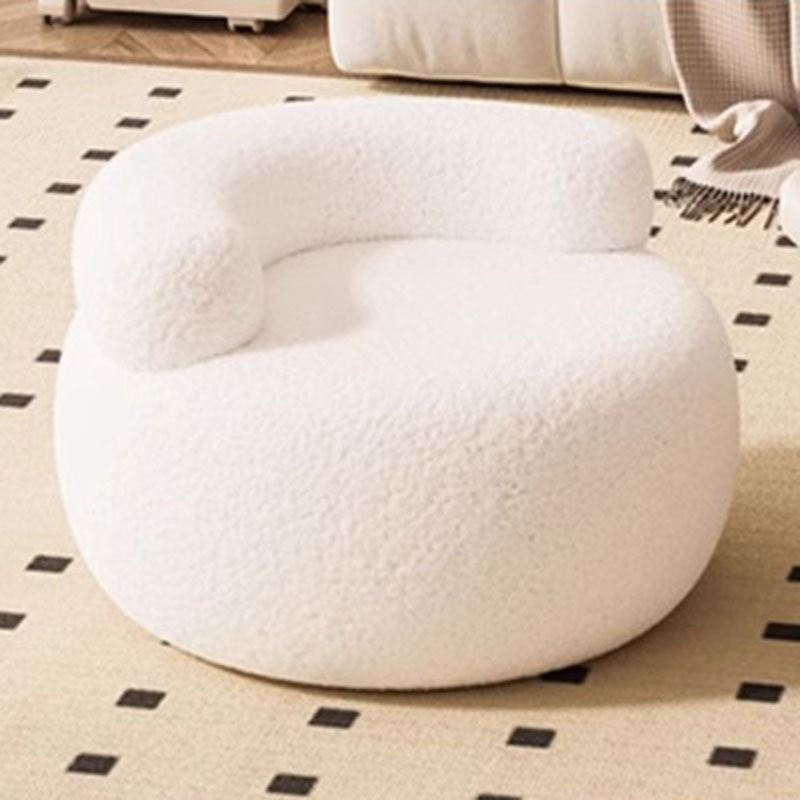 Taburete bajo redondo curvo moderno y minimalista de madera maciza y tela sherpa con respaldo para sala de estar 