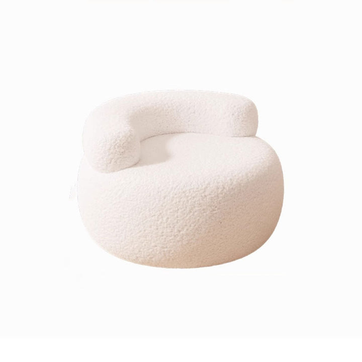 Taburete bajo redondo curvo moderno y minimalista de madera maciza y tela sherpa con respaldo para sala de estar 
