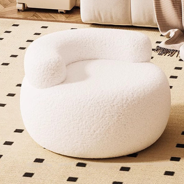 Taburete bajo redondo curvo moderno y minimalista de madera maciza y tela sherpa con respaldo para sala de estar 
