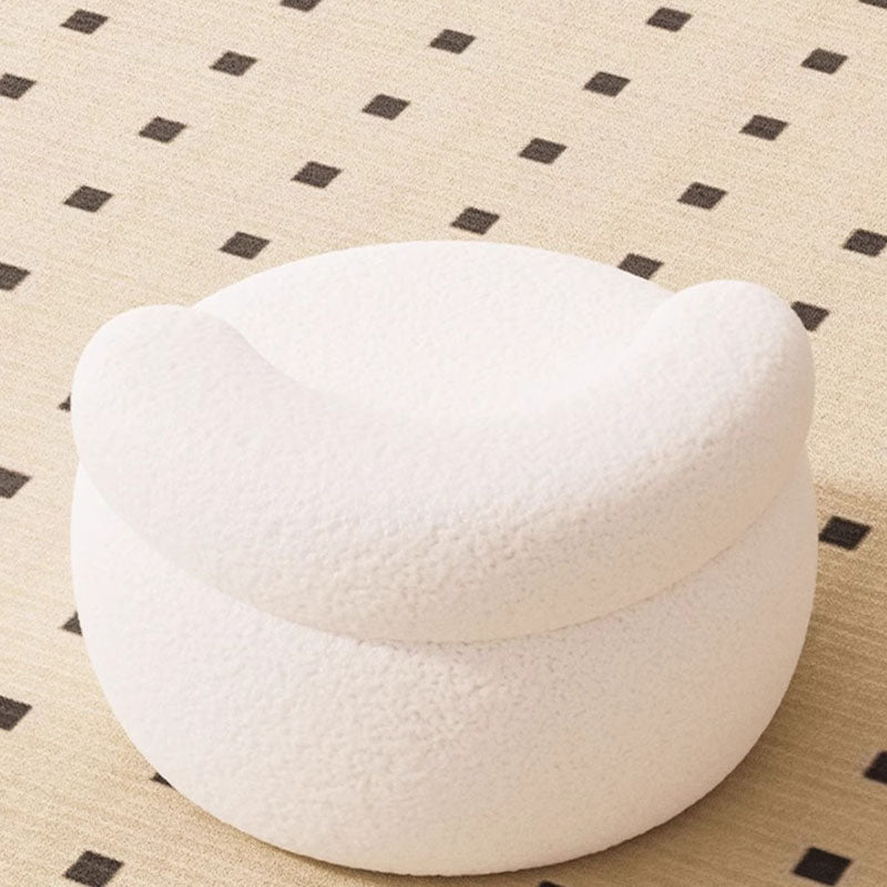 Taburete bajo redondo curvo moderno y minimalista de madera maciza y tela sherpa con respaldo para sala de estar 