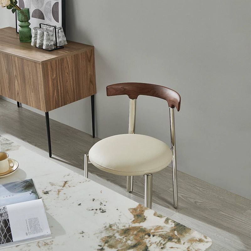 Contemporary Scandinavian Microfiber Leather Stainless Steel Solid Wood Round Curved Back Dining Chair With Backrest For Dining Room
