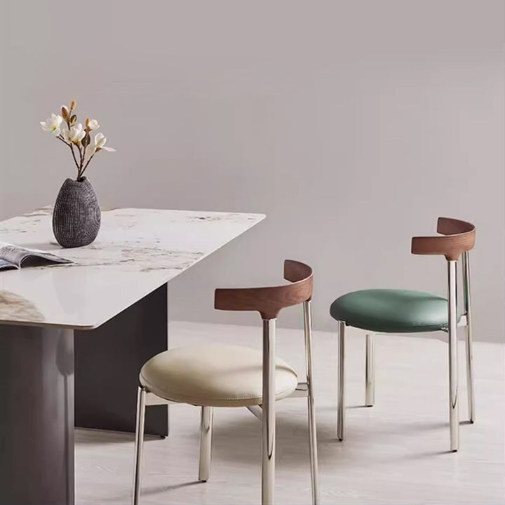Contemporary Scandinavian Microfiber Leather Stainless Steel Ash Wood Round Curved Back Dining Chair With Backrest For Dining Room