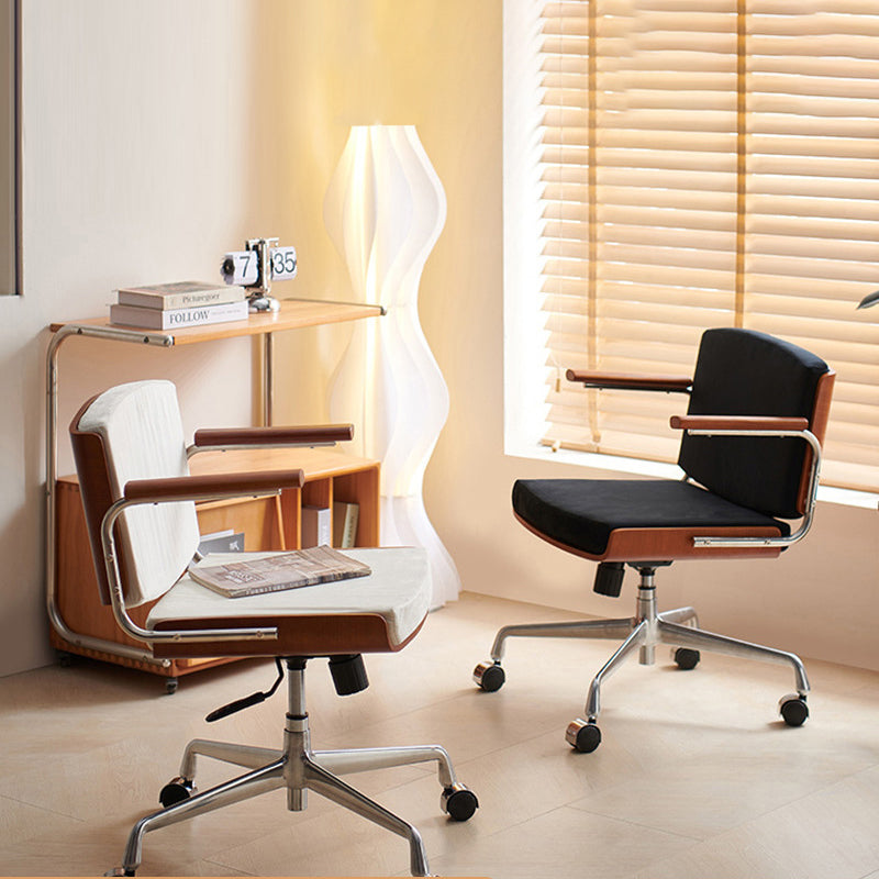 Chaise de bureau rectangulaire contemporaine pivotante en velours scandinave, cuir PU, frêne et acier inoxydable, avec accoudoirs et dossier, pour bureau à domicile 