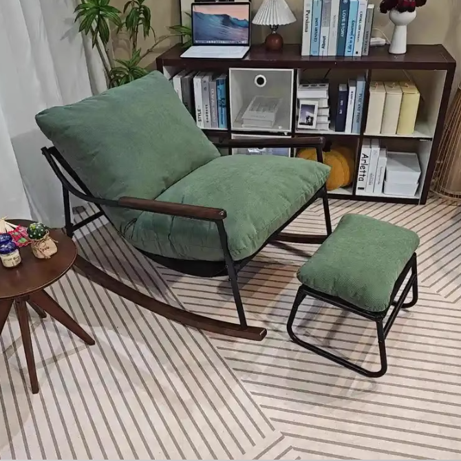 Contemporary Scandinavian Corduroy Solid Wood Curved Square Rocking Chair With Armrest Backrest For Living Room