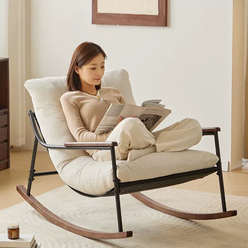 Contemporary Scandinavian Corduroy Solid Wood Curved Square Rocking Chair With Armrest Backrest For Living Room