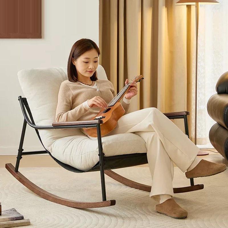 Contemporary Scandinavian Corduroy Solid Wood Curved Square Rocking Chair With Armrest Backrest For Living Room