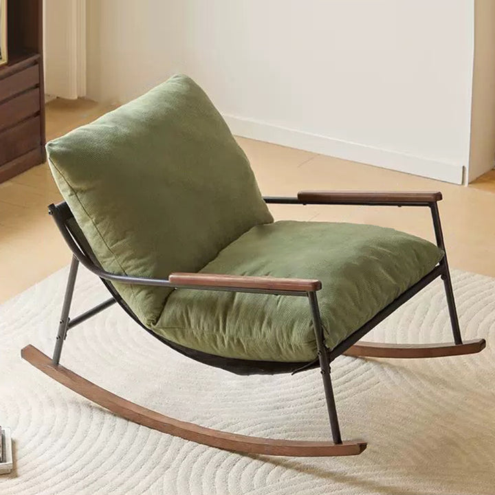 Contemporary Scandinavian Corduroy Solid Wood Curved Square Rocking Chair With Armrest Backrest For Living Room