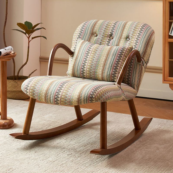 Chaise à bascule carrée arrondie en bois massif avec lin japonais traditionnel, accoudoirs et dossier pour salon 