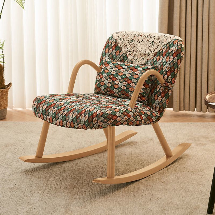 Chaise à bascule carrée arrondie en bois massif avec lin japonais traditionnel, accoudoirs et dossier pour salon 