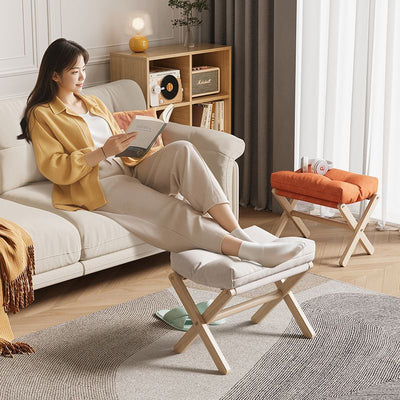 Modern Minimalist Cotton Linen Pine Foldable Rectangular Low Stool For Living Room