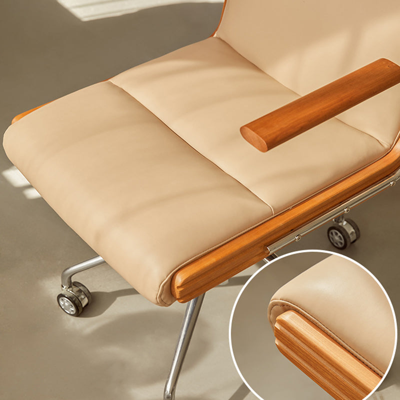 Contemporary Scandinavian Cherry Wood Stainless Steel Protein Leather Square-Arc Desk Chair With Armrest Backrest For Home Office