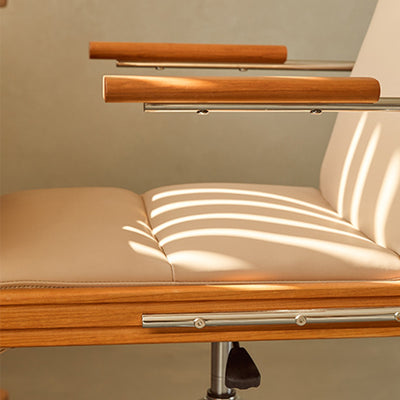 Contemporary Scandinavian Cherry Wood Stainless Steel Protein Leather Square-Arc Desk Chair With Armrest Backrest For Home Office