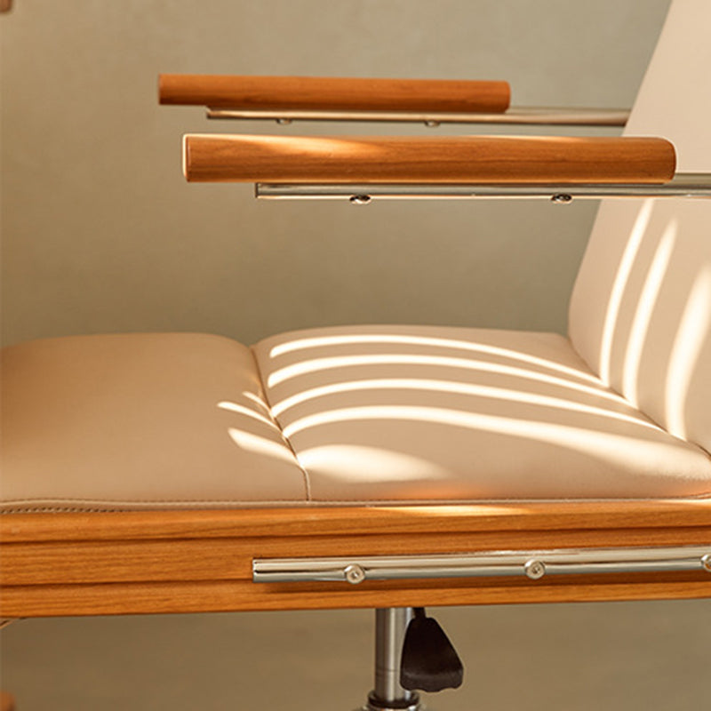Contemporary Scandinavian Cherry Wood Stainless Steel Protein Leather Square-Arc Desk Chair With Armrest Backrest For Home Office