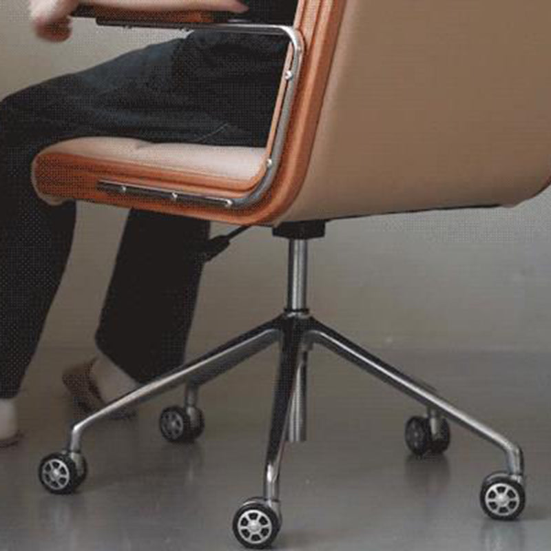 Contemporary Scandinavian Cherry Wood Stainless Steel Protein Leather Square-Arc Desk Chair With Armrest Backrest For Home Office