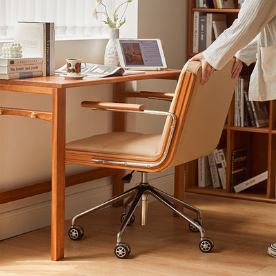 Contemporary Scandinavian Cherry Wood Stainless Steel Protein Leather Square-Arc Desk Chair With Armrest Backrest For Home Office