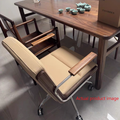 Contemporary Scandinavian Cherry Wood Stainless Steel Protein Leather Square-Arc Desk Chair With Armrest Backrest For Home Office