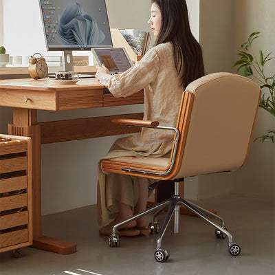 Contemporary Scandinavian Cherry Wood Stainless Steel Protein Leather Square-Arc Desk Chair With Armrest Backrest For Home Office