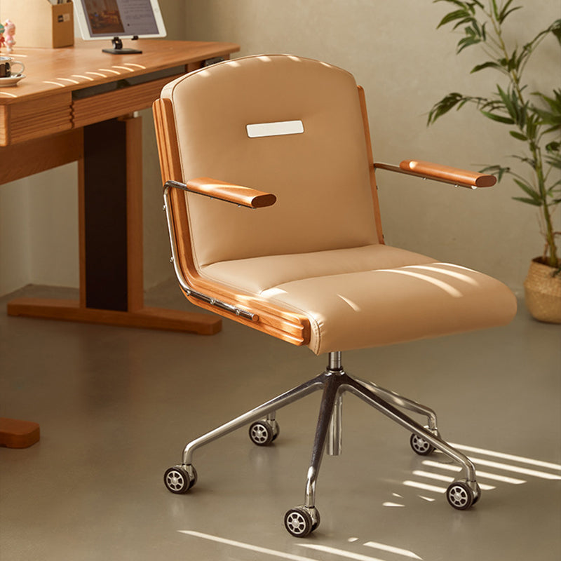 Contemporary Scandinavian Cherry Wood Stainless Steel Protein Leather Square-Arc Desk Chair With Armrest Backrest For Home Office