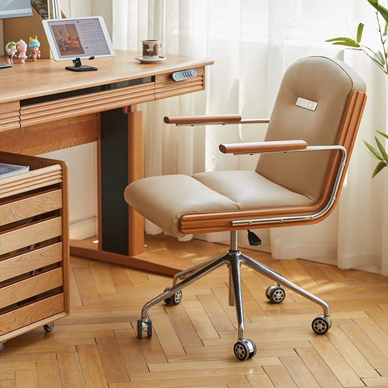 Contemporary Scandinavian Cherry Wood Stainless Steel Protein Leather Square-Arc Desk Chair With Armrest Backrest For Home Office