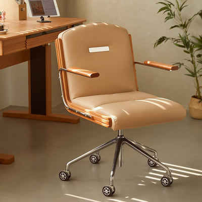 Contemporary Scandinavian Cherry Wood Stainless Steel Protein Leather Square-Arc Desk Chair With Armrest Backrest For Home Office