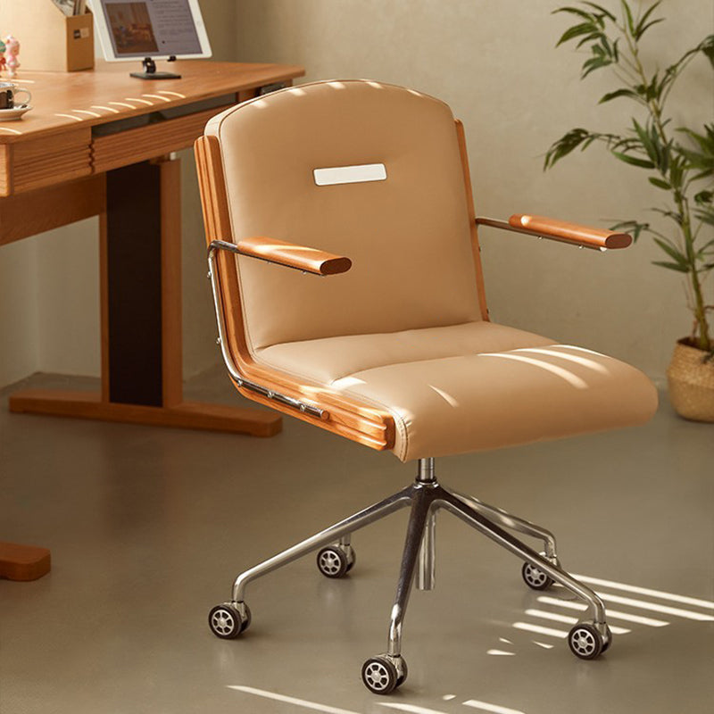 Contemporary Scandinavian Cherry Wood Stainless Steel Protein Leather Square-Arc Desk Chair With Armrest Backrest For Home Office