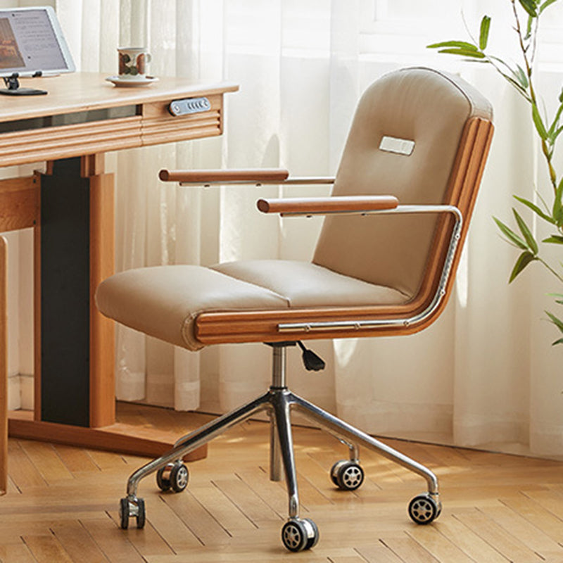 Contemporary Scandinavian Cherry Wood Stainless Steel Protein Leather Square-Arc Desk Chair With Armrest Backrest For Home Office