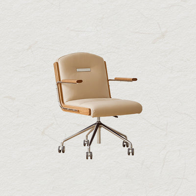 Contemporary Scandinavian Cherry Wood Stainless Steel Protein Leather Square-Arc Desk Chair With Armrest Backrest For Home Office