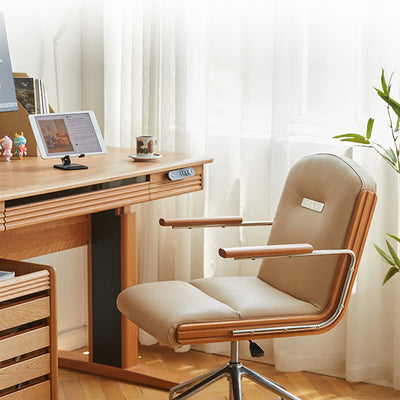 Contemporary Scandinavian Cherry Wood Stainless Steel Protein Leather Square-Arc Desk Chair With Armrest Backrest For Home Office