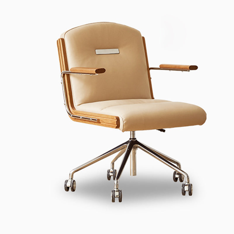 Contemporary Scandinavian Cherry Wood Stainless Steel Protein Leather Square-Arc Desk Chair With Armrest Backrest For Home Office
