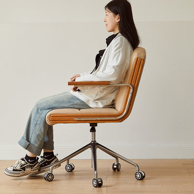Contemporary Scandinavian Cherry Wood Stainless Steel Protein Leather Square-Arc Desk Chair With Armrest Backrest For Home Office
