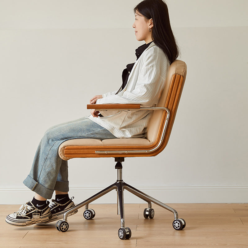 Contemporary Scandinavian Cherry Wood Stainless Steel Protein Leather Square-Arc Desk Chair With Armrest Backrest For Home Office