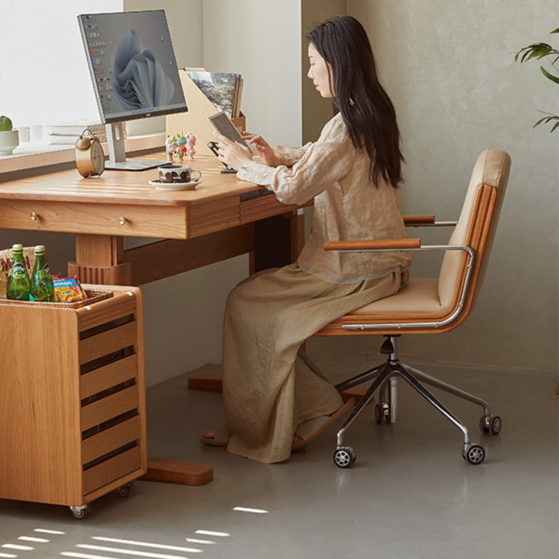 Contemporary Scandinavian Cherry Wood Stainless Steel Protein Leather Square-Arc Desk Chair With Armrest Backrest For Home Office